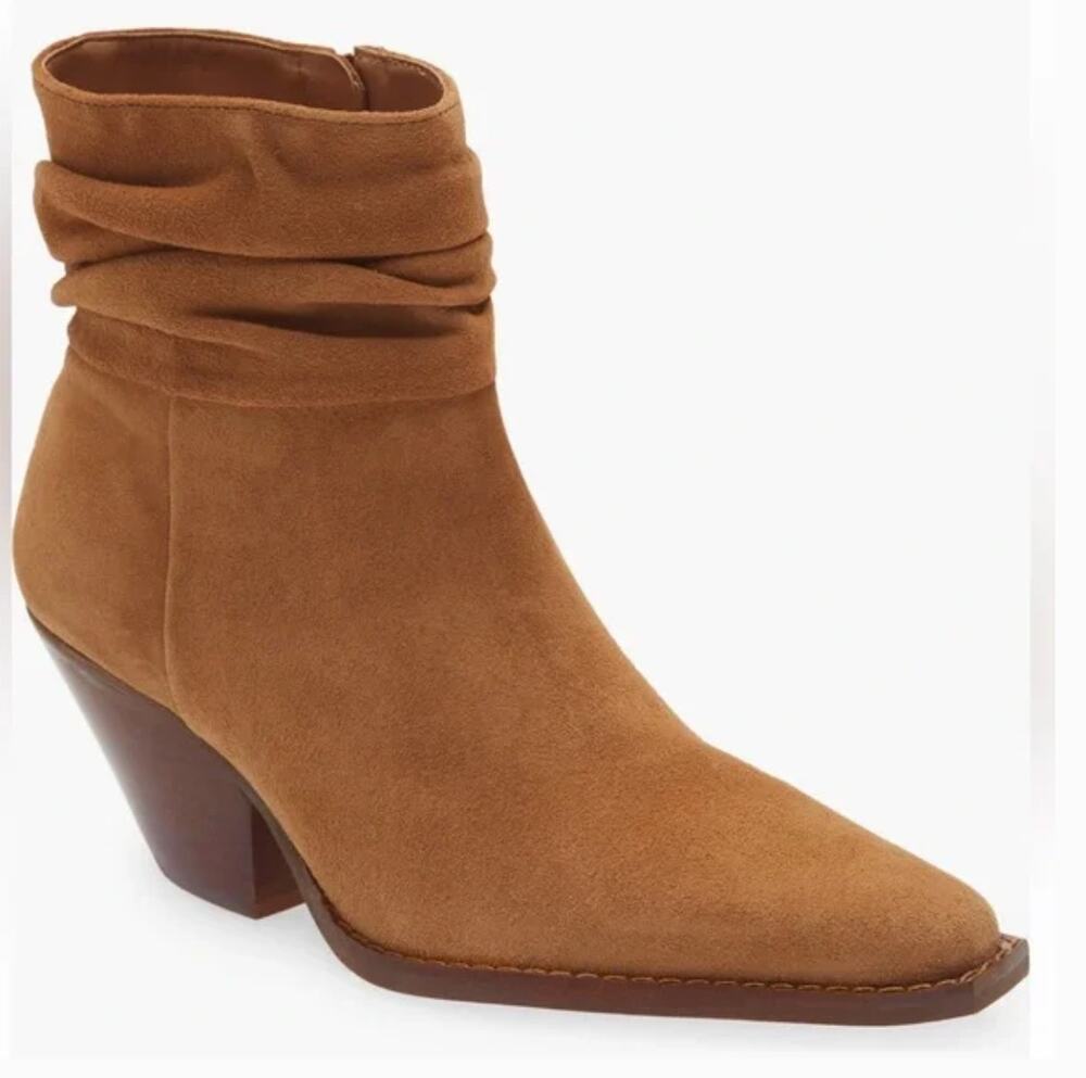 Vince Camuto Nerlinji Slouch Bootie 7 NWOT Cognac Tan Suede Boots Ankle Western